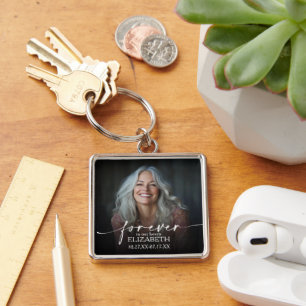 Modern Script Photo Memorial Forever in our Hearts Keychain