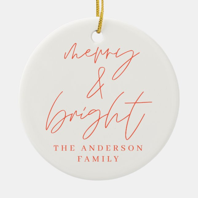 Modern script photo merry & bright red christmas ceramic ornament (Front)