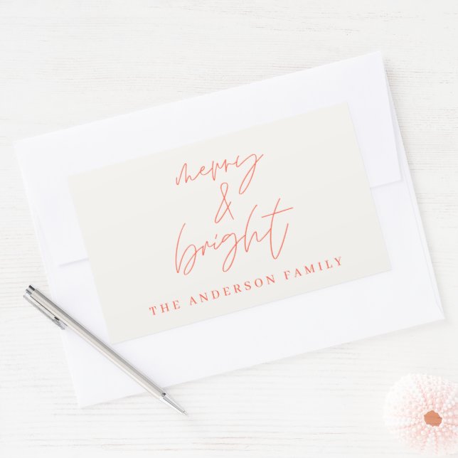Modern script photo merry & bright red christmas rectangular sticker (Envelope)