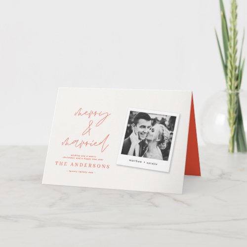 Modern script photo merry  married red christmas note card