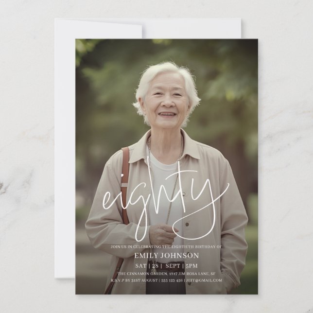 Modern Script Photo Minimal 80th Birthday Invitation (Front)