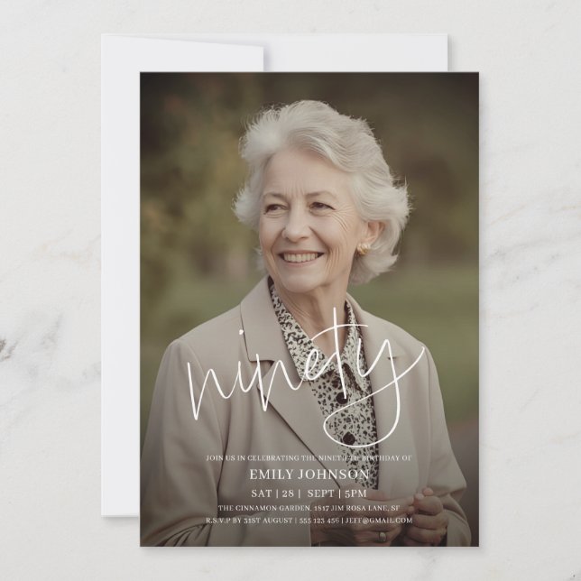 Modern Script Photo Minimal 90th Birthday Invitation (Front)
