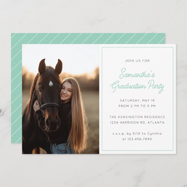 Modern Script Photo Mint Green Graduation Party Invitation (Front/Back)