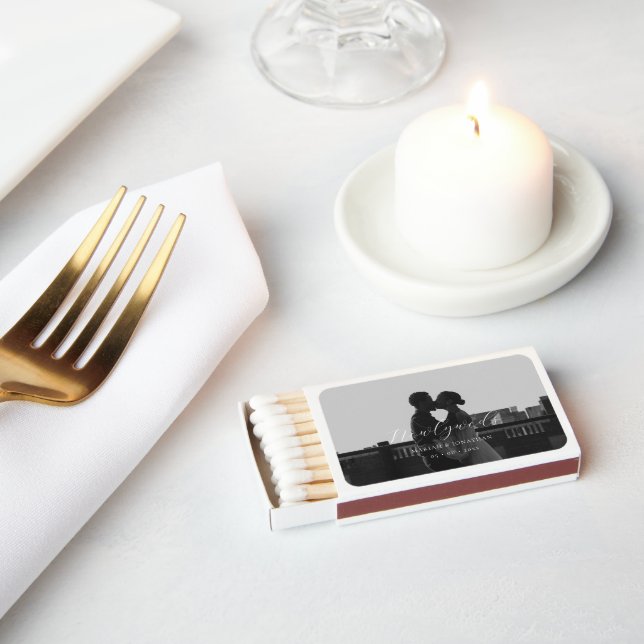 Modern Script Photo Newlyweds Wedding Favor Matchboxes (Insitu)