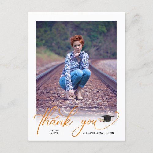 Modern Script Photo Orange Graduation Thank You Postcard