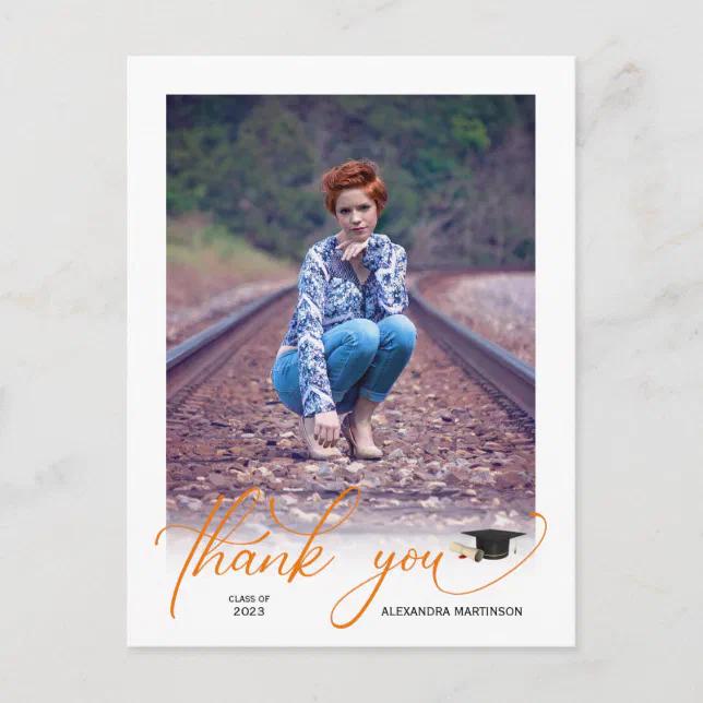 Modern Script Photo Orange Graduation Thank You Postcard | Zazzle