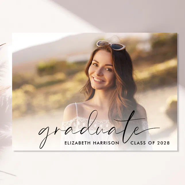 Modern Script Photo Overlay Graduation Announcement | Zazzle