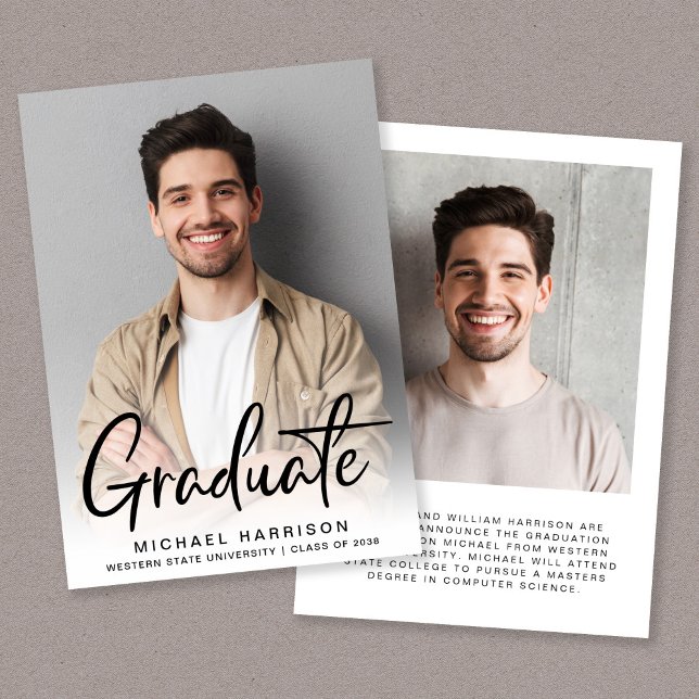 Modern Script Photo Overlay Graduation Announcement (A modern photo collage graduation announcement to celebrate the graduate's achievements)