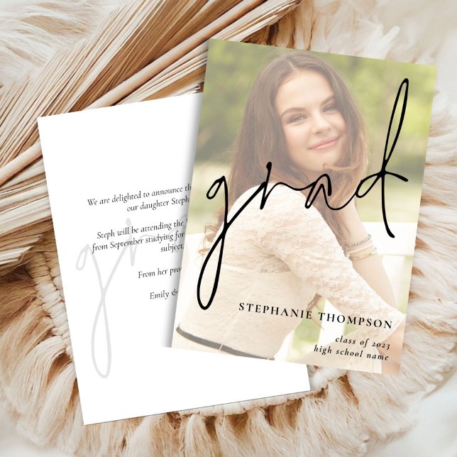 Modern Script Photo Overlay Graduation Announcement (front and back view)