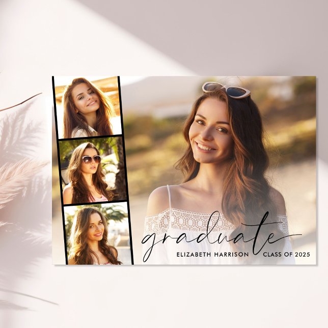 Modern Script Photo Overlay Graduation Party Invitation (An elegant photo collage graduation party invitation to celebrate the graduate's achievements)