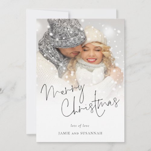 modern Script Photo Overlay Names Merry Christmas Holiday Card
