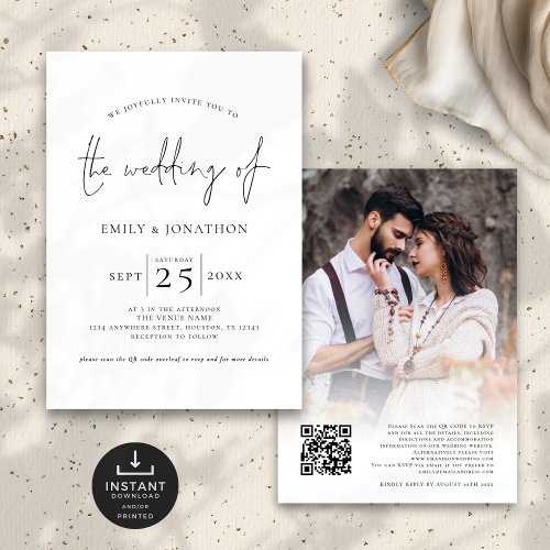 Modern Script Photo Overlay QR Black White Wedding Invitation