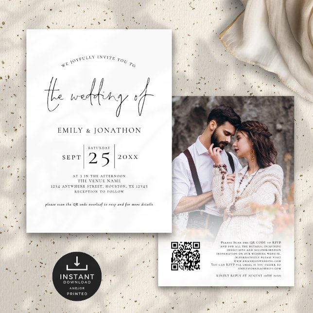 Modern Script Photo Overlay QR Black White Wedding Invitation (Front and Back View)