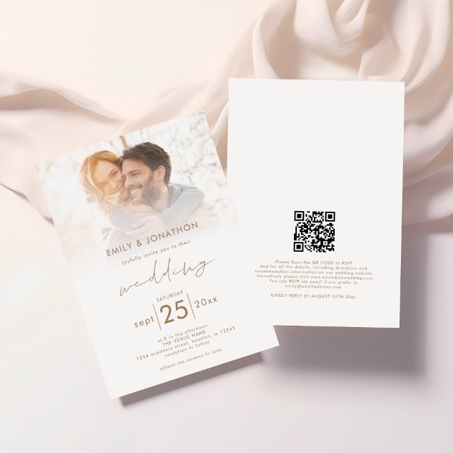 Modern Script Photo Overlay QR Code Wedding  Invitation (Front and back view)
