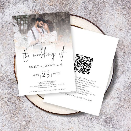 Modern Script Photo Overlay QR Code Wedding  Invitation