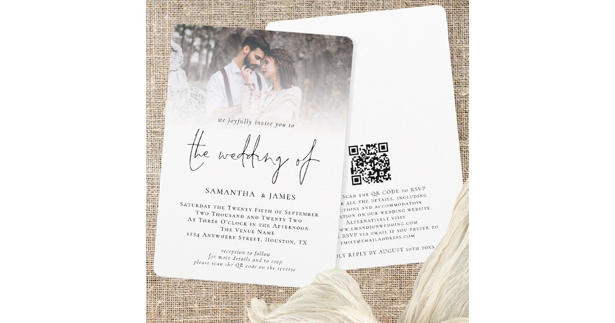 Modern Script Photo Overlay QR Code Wedding Invitation | Zazzle