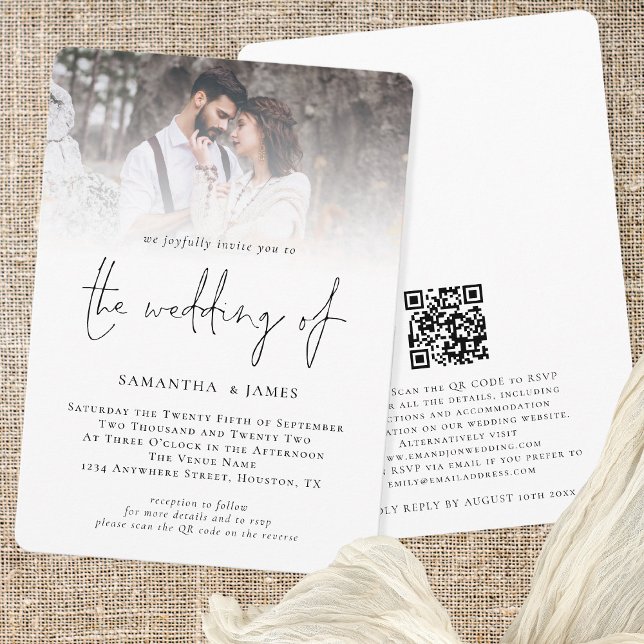 Modern Script Photo Overlay QR Code Wedding Invitation (Creator Uploaded)