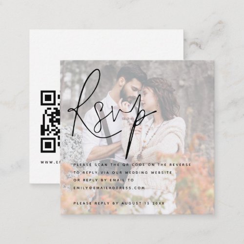 Modern Script Photo Overlay QR Code Wedding RSVP Enclosure Card