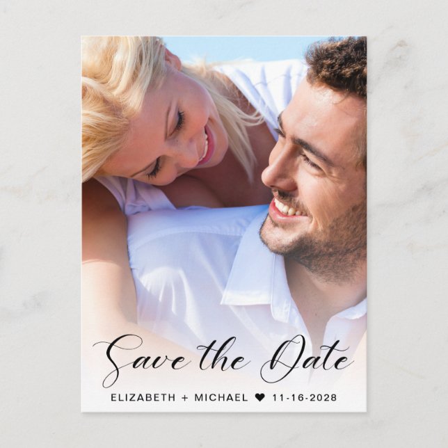 Modern Script Photo Overlay Save The Date Announcement Postcard (Front)