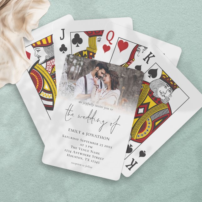 Modern Script Photo Overlay Wedding Invitation Poker Cards (Creator Uploaded)
