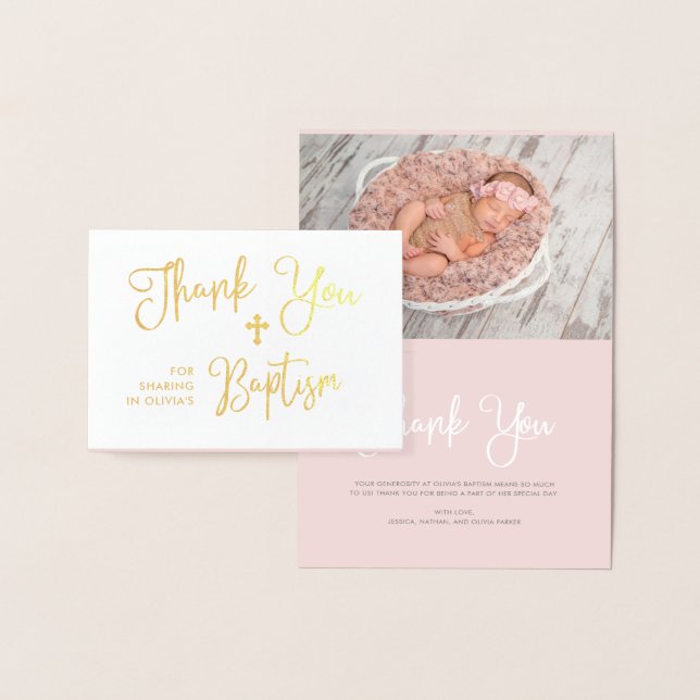 Modern Script | Photo Pink Baptism Thank You | Foil Card (Display)