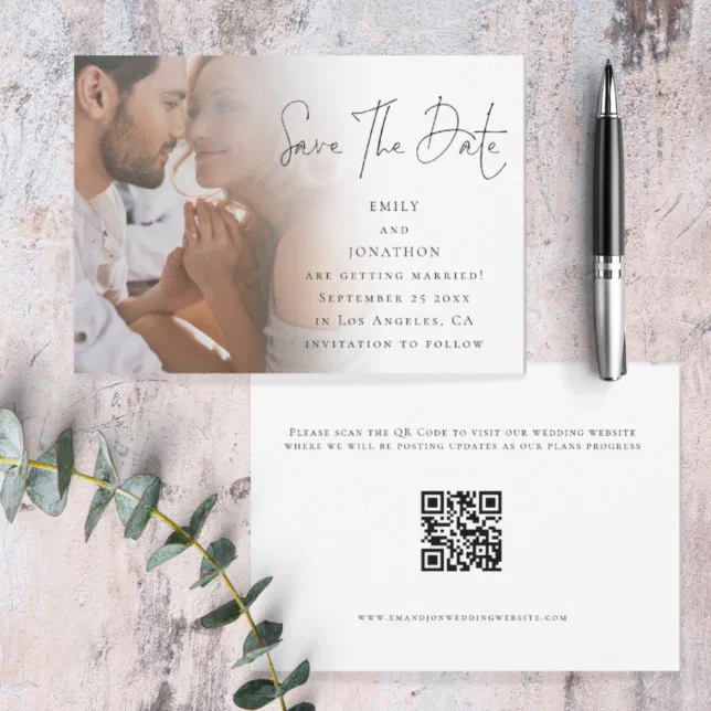 Modern Script Photo QR Code Wedding Save The Date