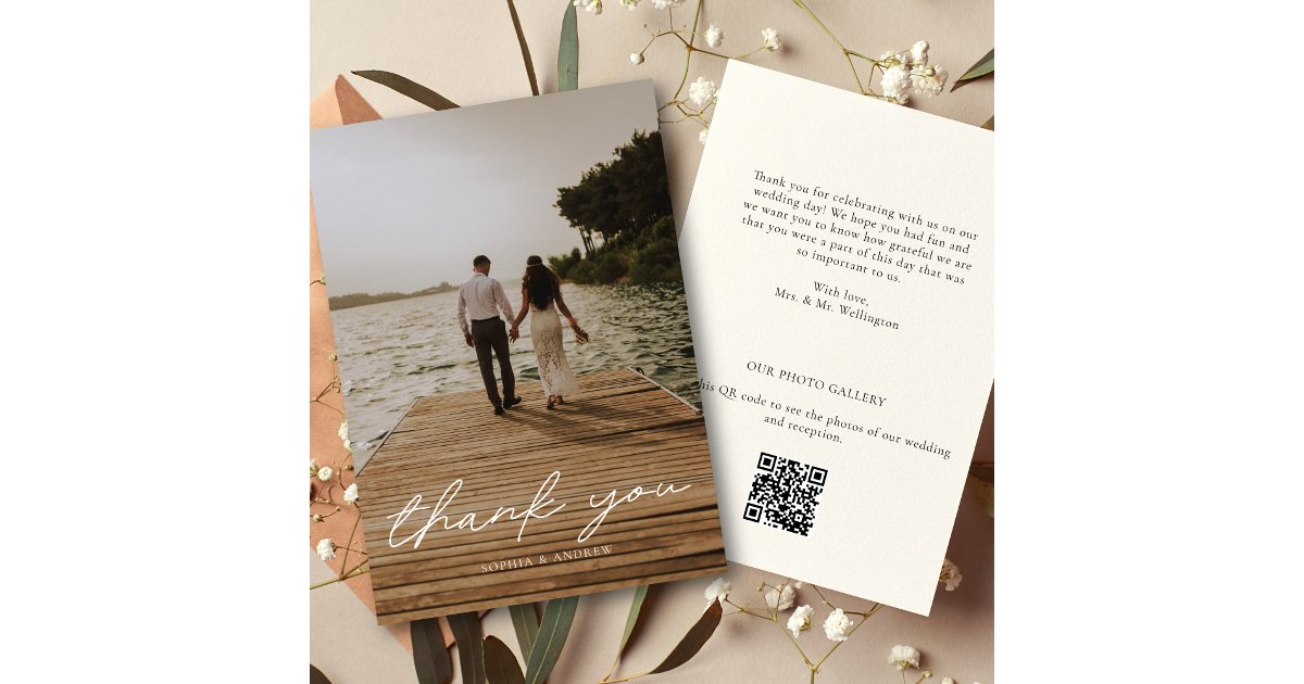 Modern Script Photo QR Code Wedding Thank You Card | Zazzle