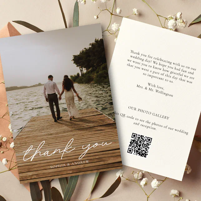 Modern Script Photo QR Code Wedding Thank You Card
