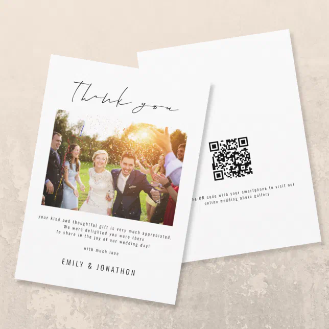 Modern Script Photo QR Code Wedding Thank You Card | Zazzle