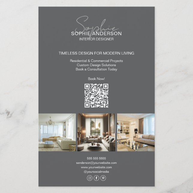 Modern Script Photo QR Gray Professional Business Flyer (Front)