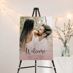 Modern Script Photo Rose Gold Wedding Sign