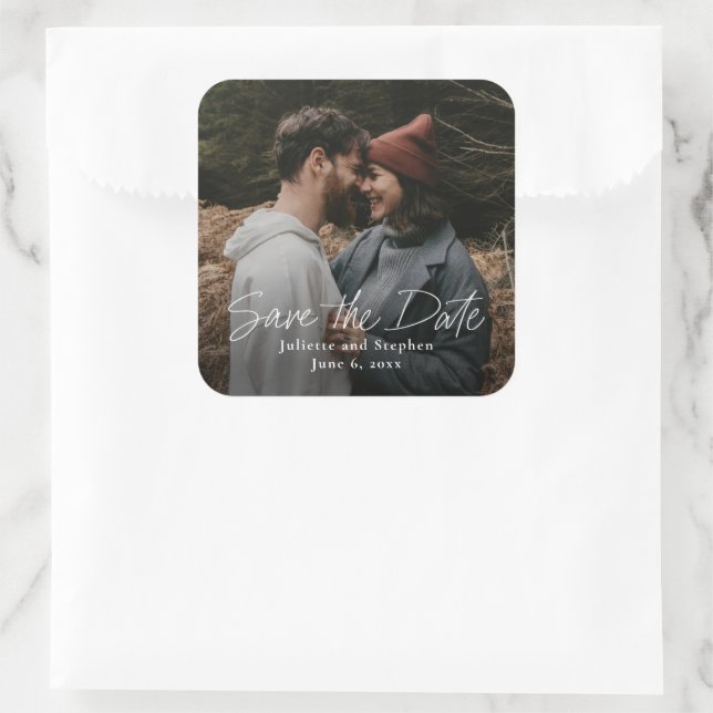 Modern script photo save the date square sticker (Bag)