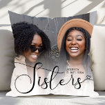 Modern Script Photo Sisters Gift Throw Pillow<br><div class="desc">The Modern Script Photo Sisters Gift Throw Pillow is a personalized decorative cushion, perfect for celebrating the bond between sisters. It features an elegant modern script design paired with a customizable photo space to showcase a treasured memory. This throw pillow adds a personal and stylish touch to home decor, making...</div>