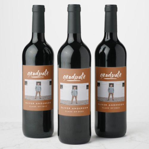 Modern script photo terracotta graduation wine label