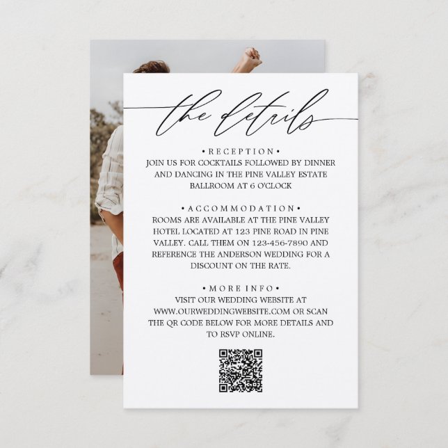 Modern Script & Photo Wedding Details & QR Code Enclosure Card (Front/Back)
