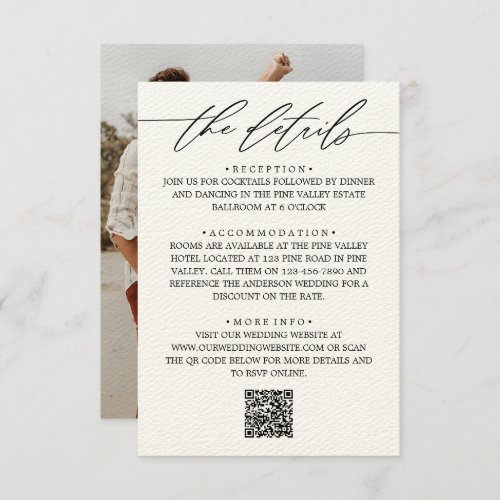 Modern Script  Photo Wedding Details  QR Code Enclosure Card