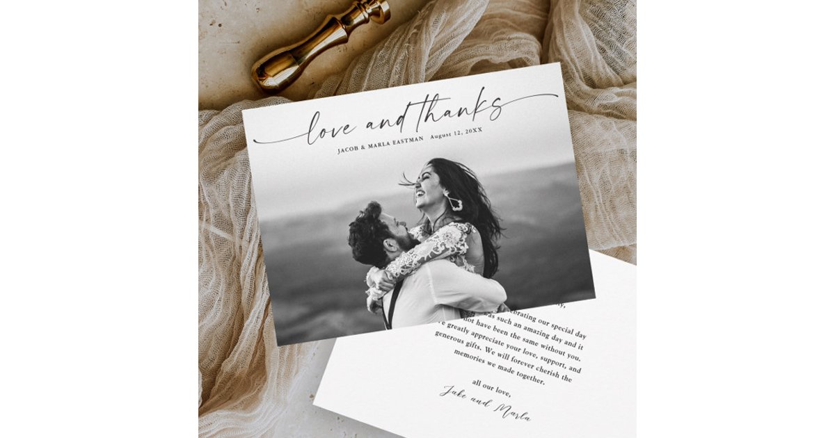 Modern Script Photo Wedding Love and Thanks Thank You Card | Zazzle