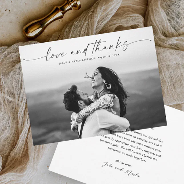 Modern Script Photo Wedding Love and Thanks Thank You Card | Zazzle