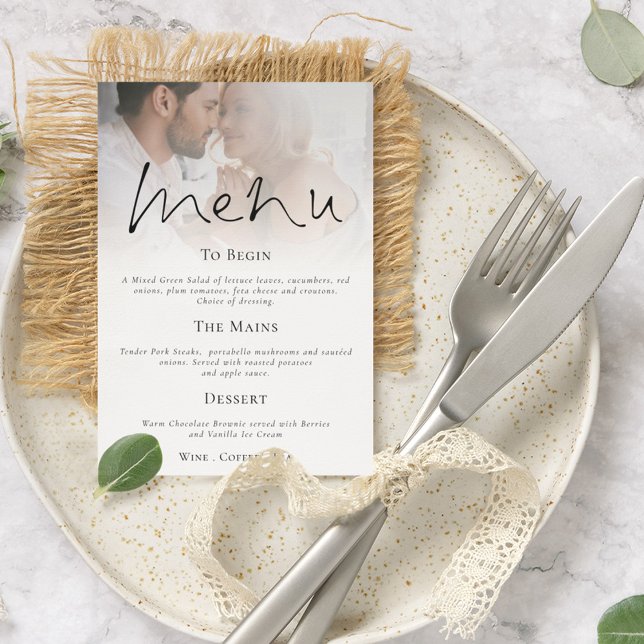 Modern Script Photo Wedding Menu Invitation (Minimalist Photo Overlay Menu available digitally or printed)