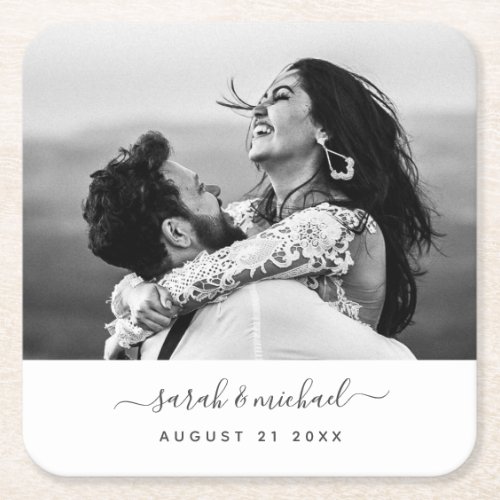Modern Script Photo Wedding Names Date Party Square Paper Coaster