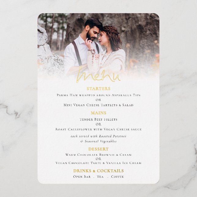 Modern Script Photo Wedding Real Foil Menu Card (Front)
