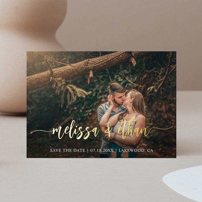 Modern Script Photo Wedding Save The Date Foil Invitation (Creator Uploaded)