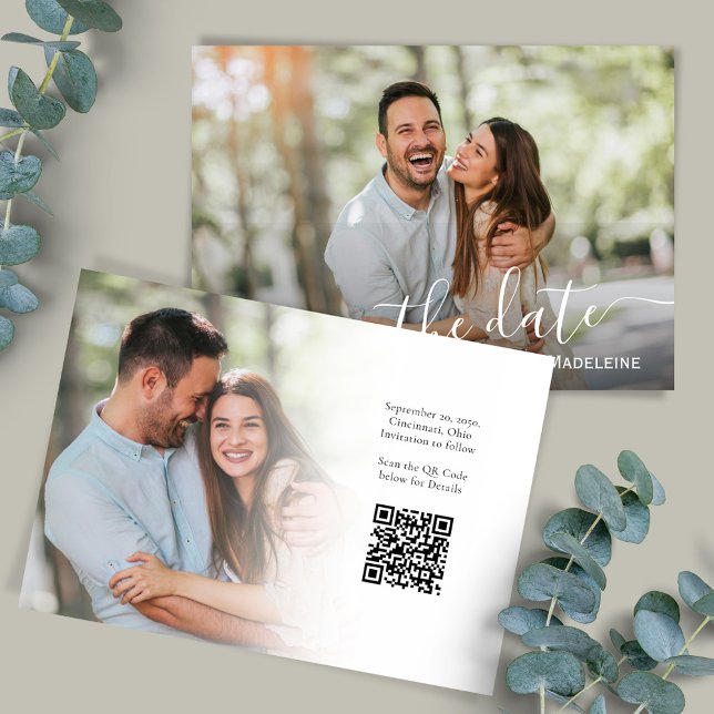 Modern Script Photo Wedding Save the Date Invitation (Wedding save-the-date photo card with a scannable QR code. )