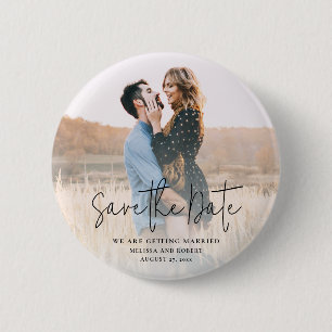 Modern Script Photo Wedding Save the Date Keepsake Button