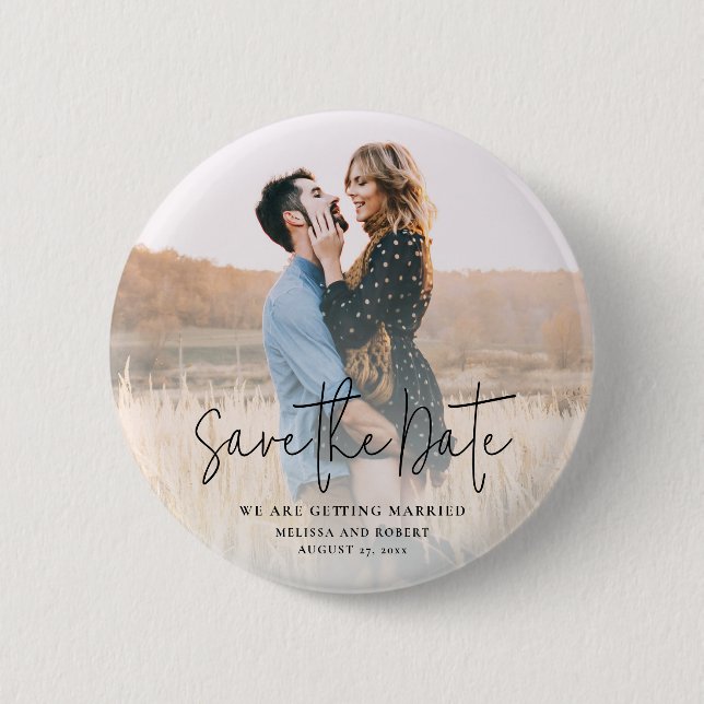 Modern Script Photo Wedding Save the Date Keepsake Button (Front)