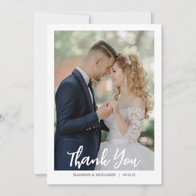 Modern Script Photo Wedding Thank You Card (Front)