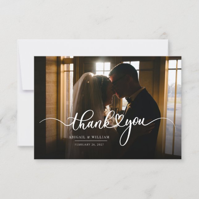Modern Script Photo Wedding Thank You Card (Front)