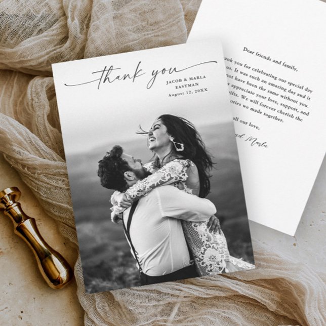 Modern Script Photo Wedding Thank You Card (An elegant wedding photo thank you card with simple typographic script overlay.)