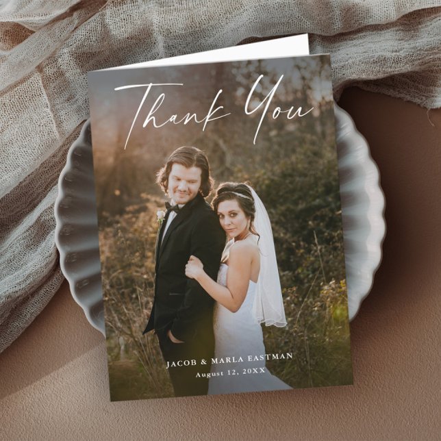 Modern Script Photo Wedding Thank You Card (Elegant modern script wedding photo thank you cards.)