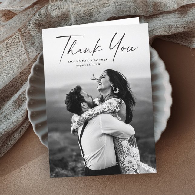 Modern Script Photo Wedding Thank You Card (Elegant modern script wedding photo thank you cards.)